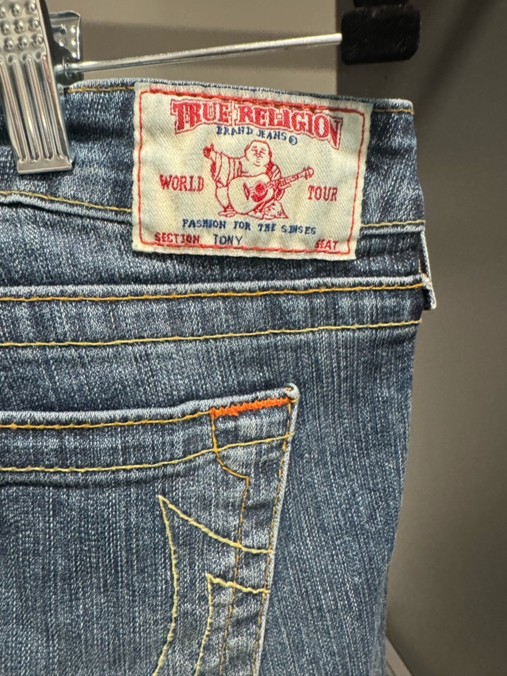 True Religion Blue Boot Cut Jeans with Orange Accent